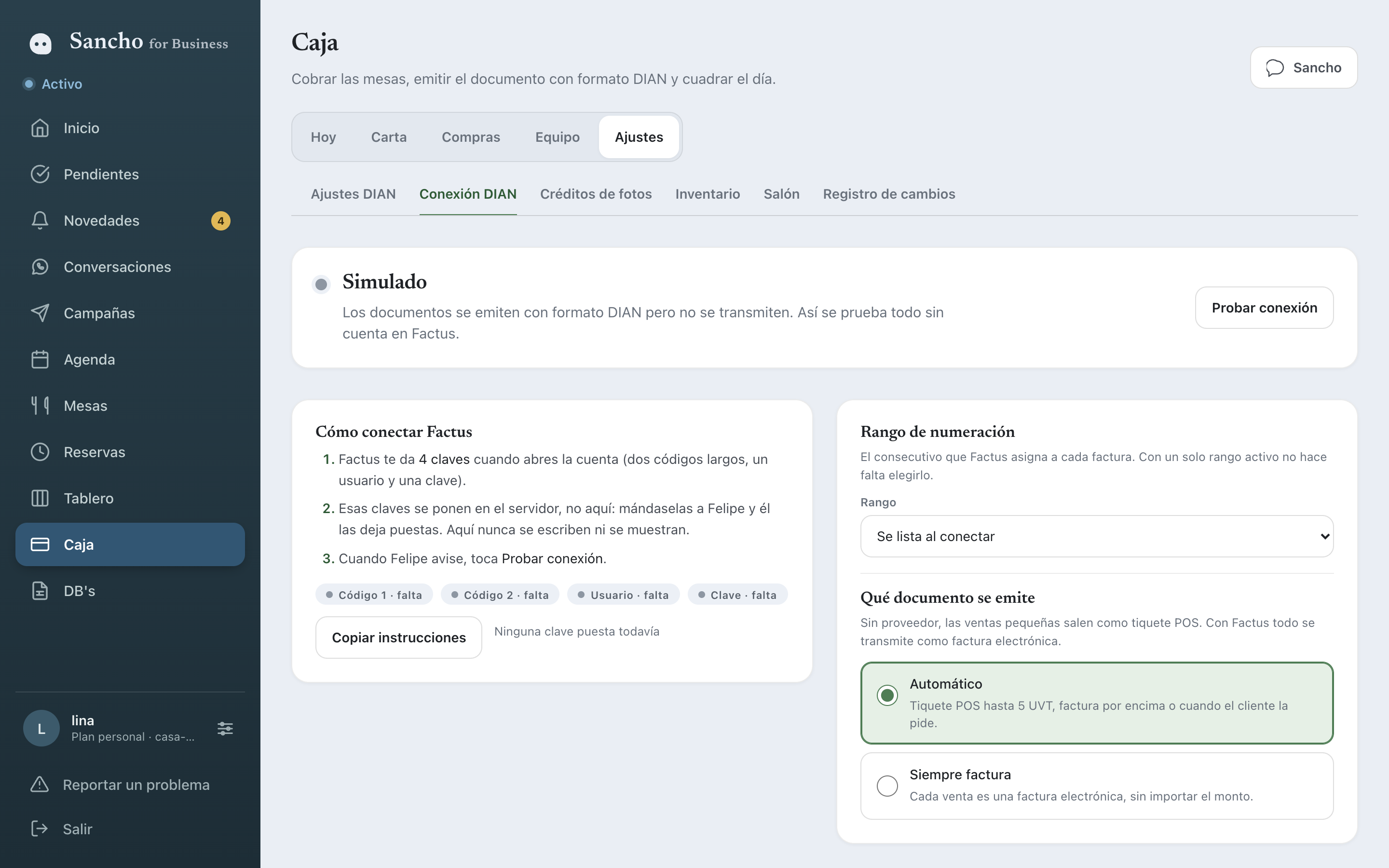 La pantalla de conexión