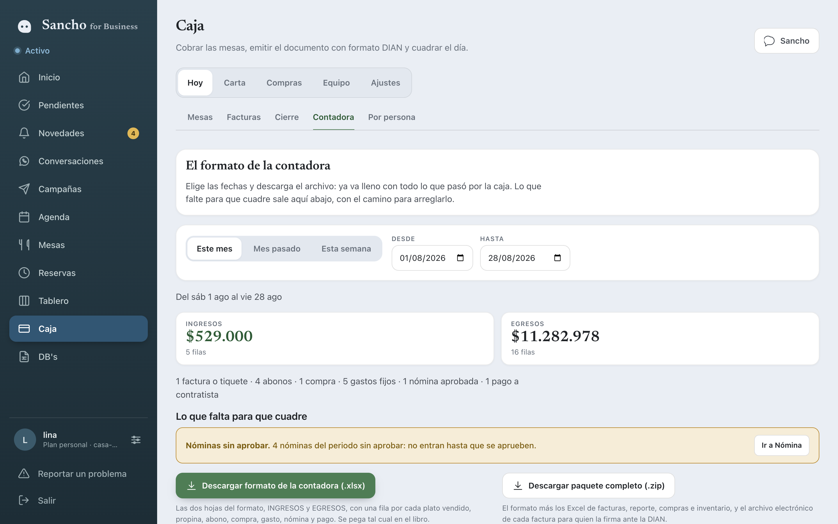 Caja › Informes › Contadora: el rango, el resumen, lo que falta y los dos botones
